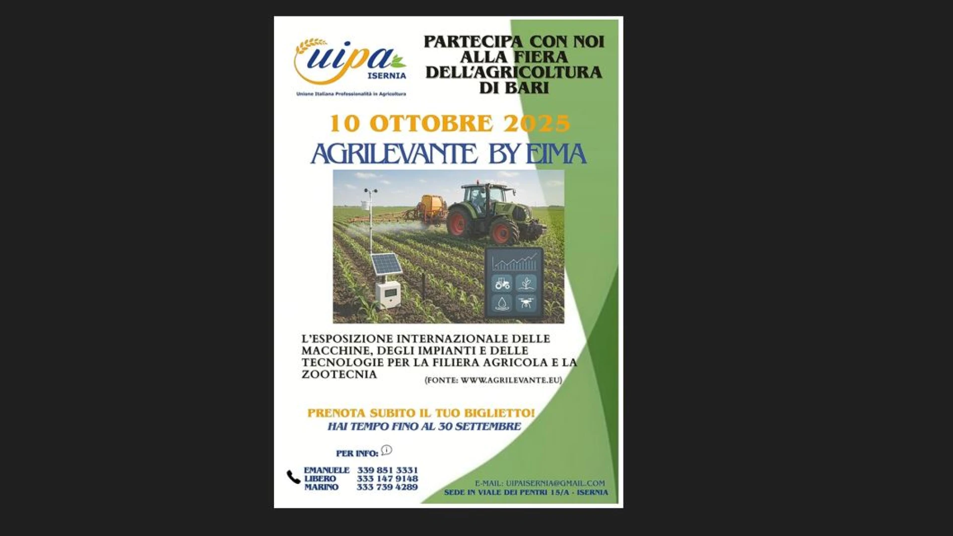 Fiera dell’Agricoltura di Bari, Uipa Isernia chiama a raccolta gli associati. Organizzato un viaggio in Puglia per il prossimo 10 ottobre.
